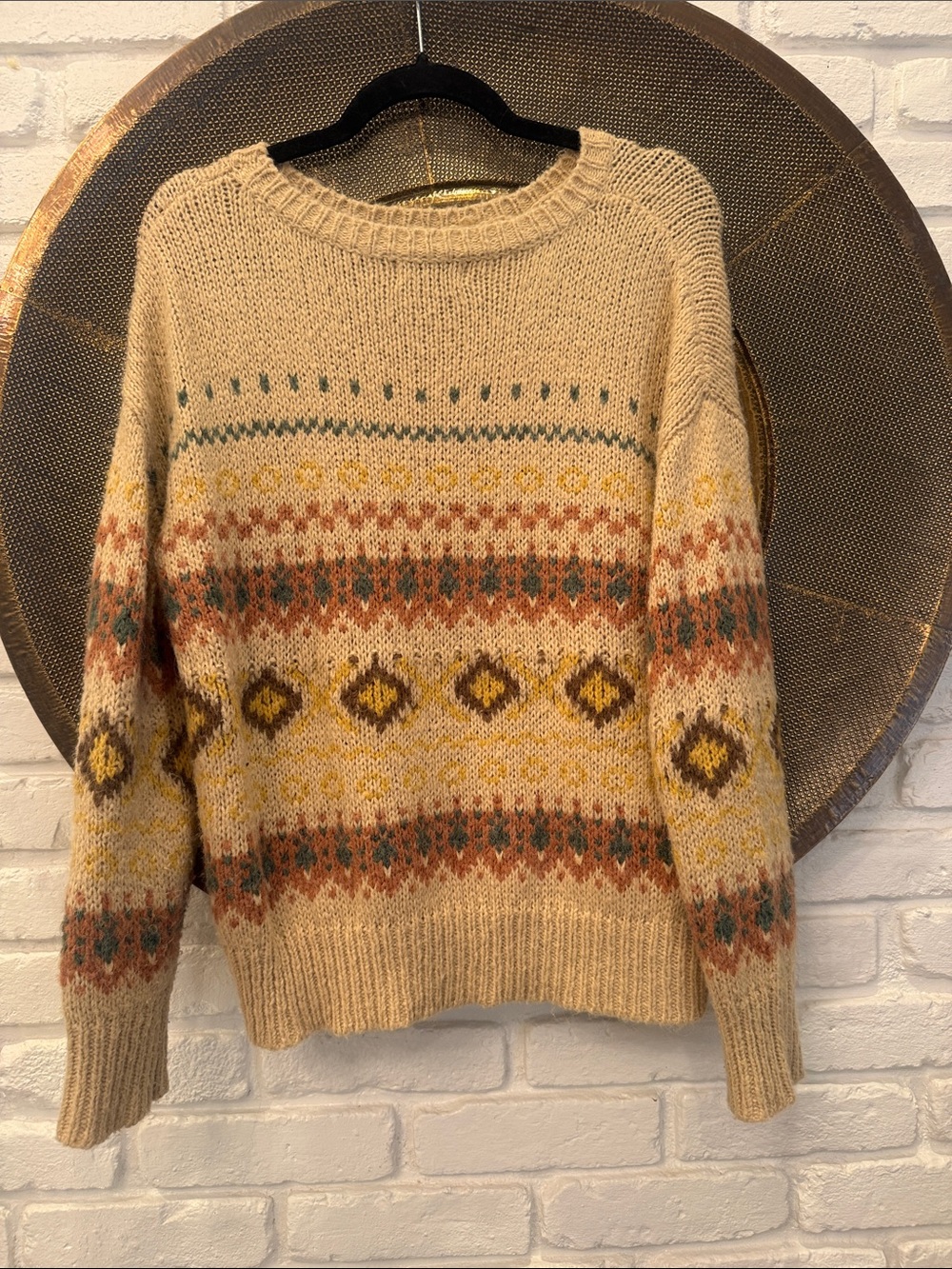 BE COOL Beige Fair Isle Crewneck Sweater with Mustard, Rust & Teal Motifs
